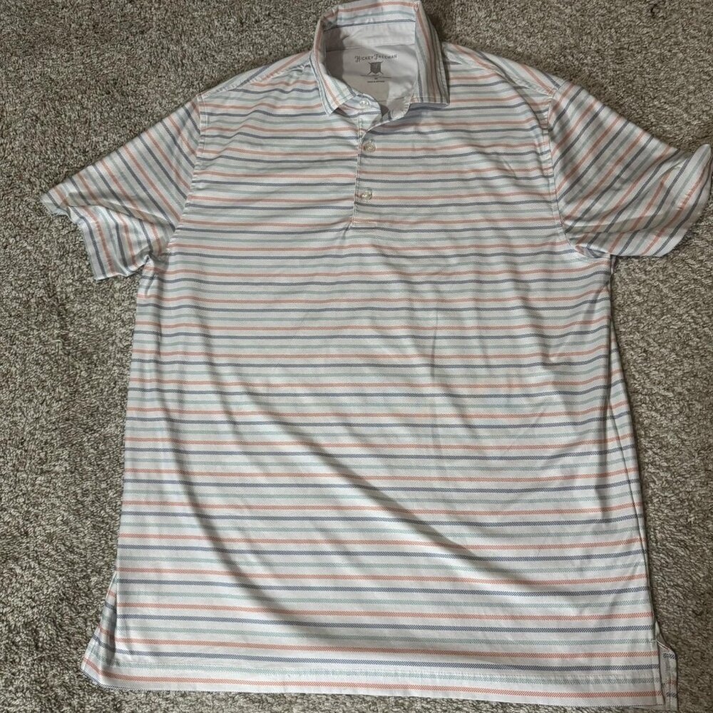 Hickey Freeman Polo Shirt Mens Medium White Striped Golf Performance Stretch